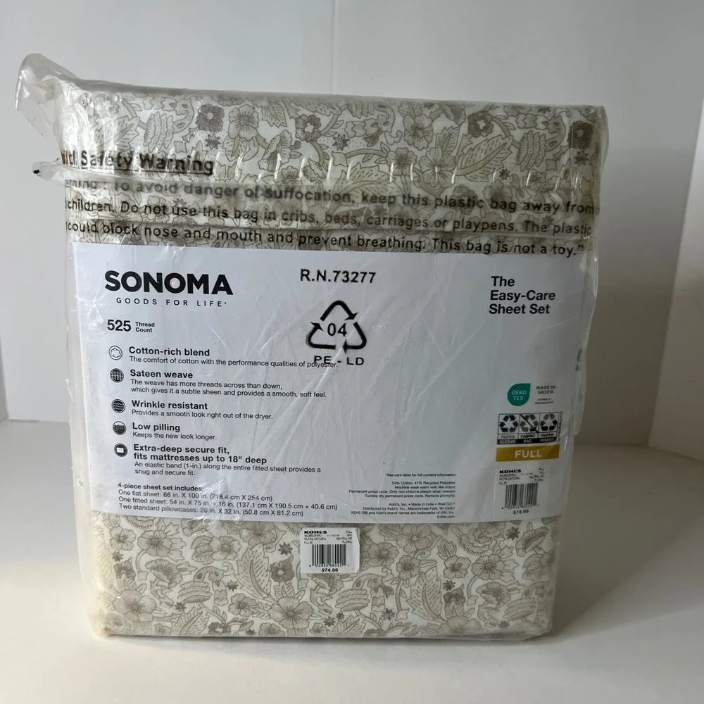 Sonoma Goods For Life Easy Care Sheet Set Full Size 525 Count Florals NIP‎